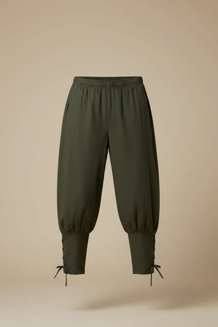 Pantalon Fluide Vert Ample Lacets Coton Homme - Kaki - vue 3