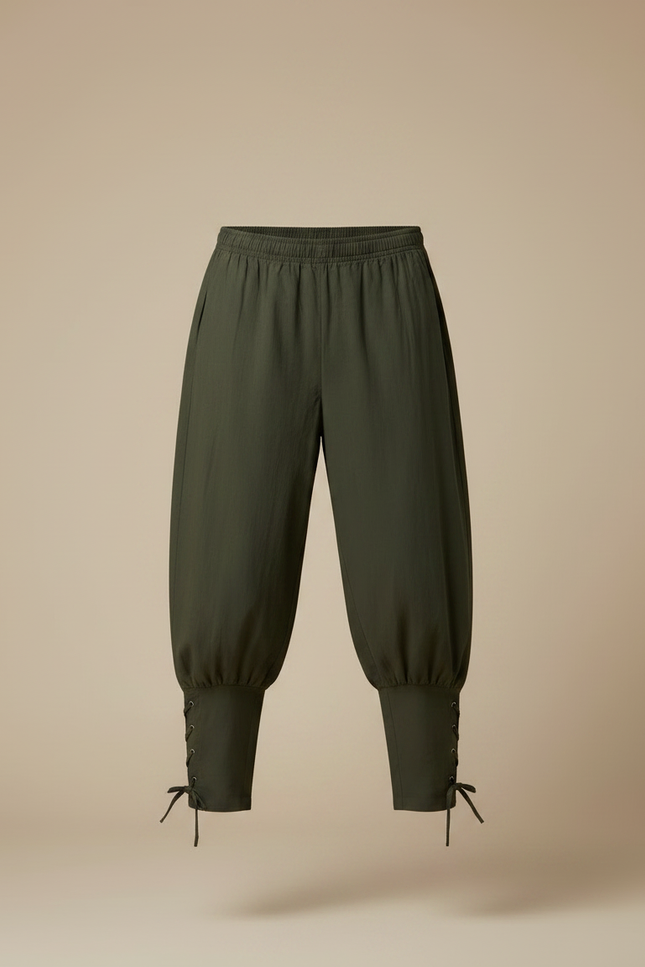 Pantalon Fluide Vert Ample Lacets Coton Homme - Kaki - vue 3