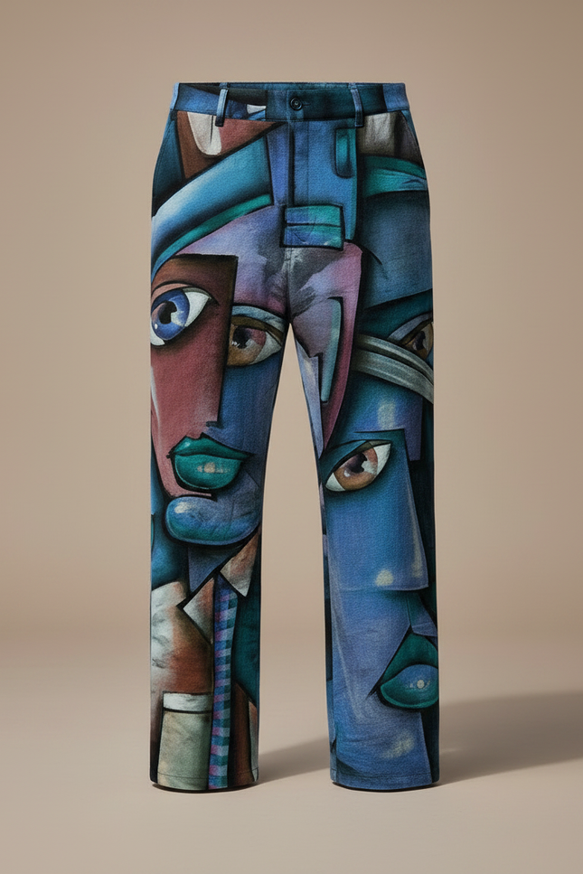 Pantalon Fluide Bleu Imprimé Visages Abstraits Décontracté Homme - Viscose - vue 3