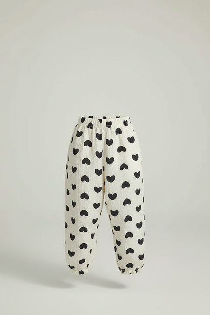 Pantalon Fluide Écru Cœurs Noirs Ample Léger Enfant - Imprimé Coton - vue 3