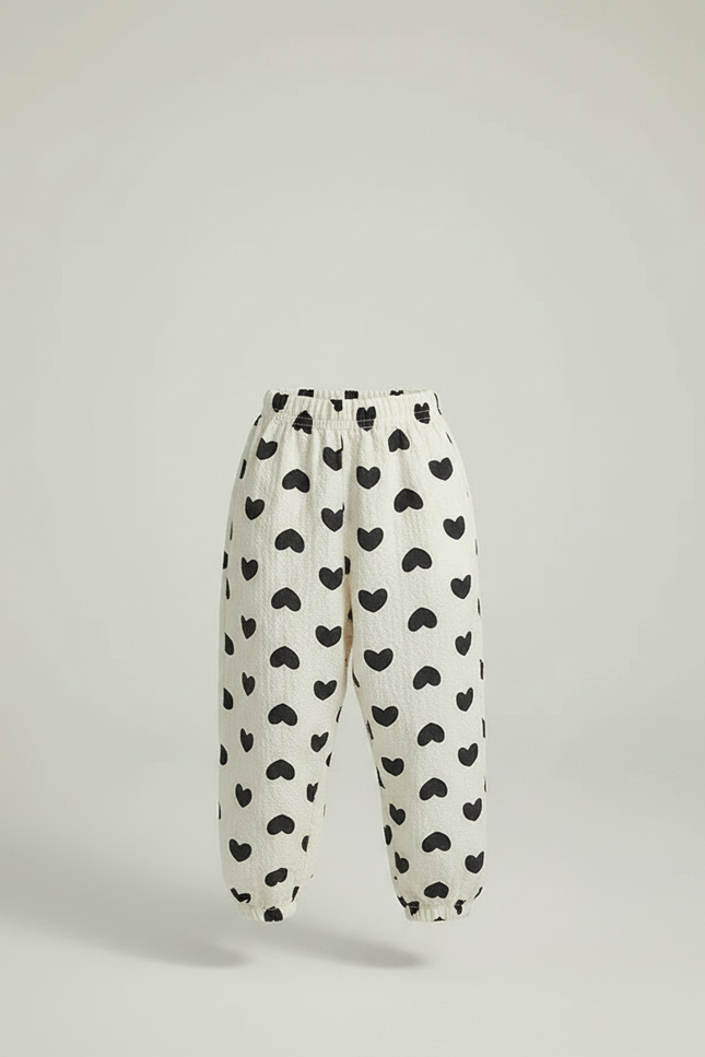 Pantalon Fluide Écru Cœurs Noirs Ample Léger Enfant - Imprimé Coton - vue 3