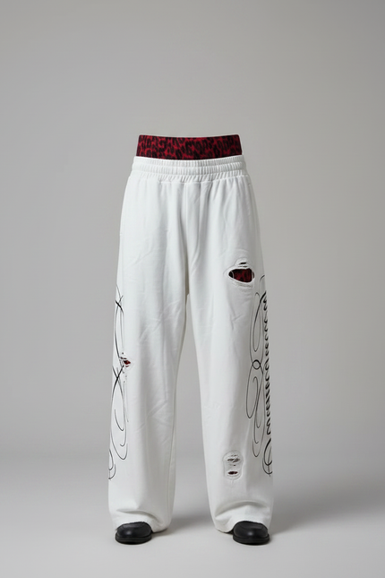 Pantalon Fluide Blanc Imprimé Graffiti Ample Déchiré Homme - Molleton - vue 3