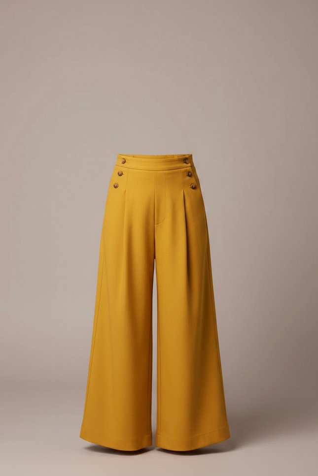 Pantalon Fluide Jaune Moutarde Ample Taille Haute Boutons - Viscose - vue 3