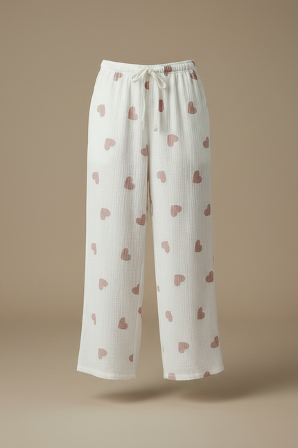 Pantalon Fluide Blanc Coton Cœurs Ample Confortable - vue 3