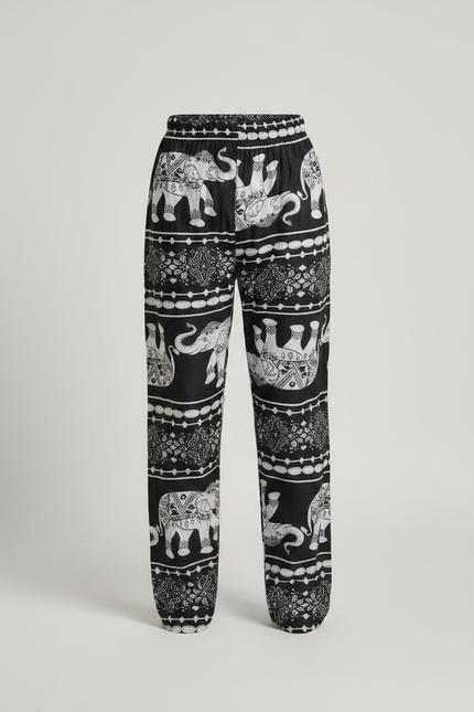 Pantalon Fluide Noir Imprimé Éléphants Ample Coton - vue 3