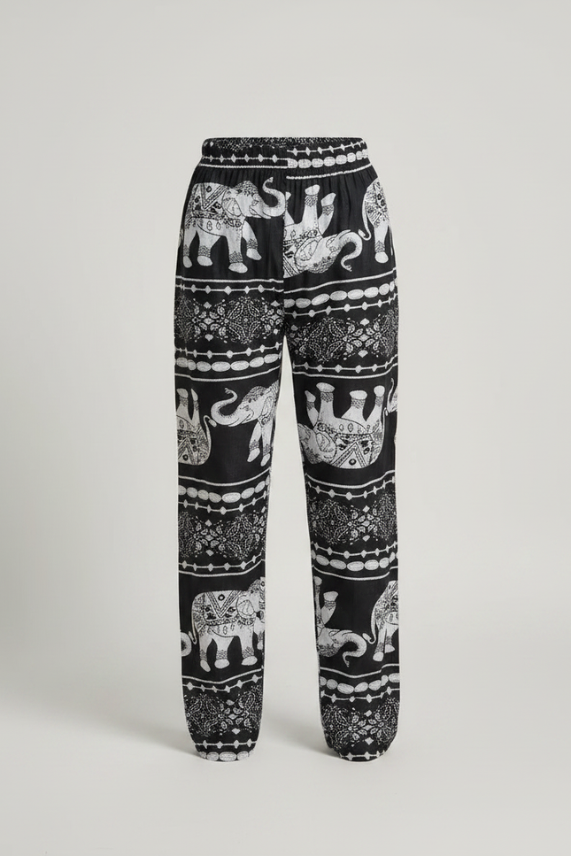 Pantalon Fluide Noir Imprimé Éléphants Ample Coton - vue 3