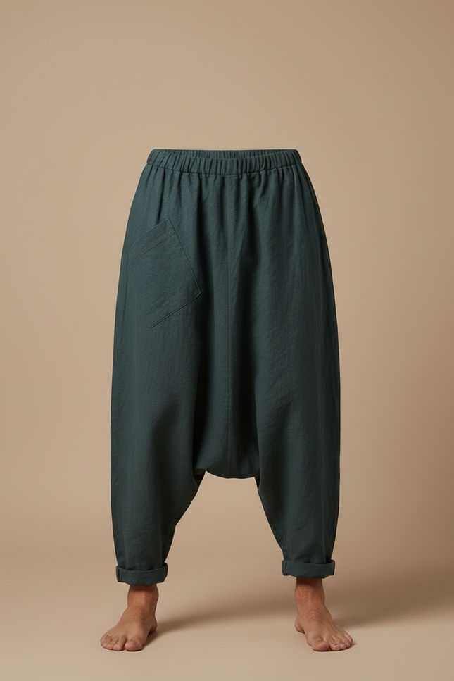 Pantalon Fluide Lin Ample Sarouel Vert Homme - vue 3