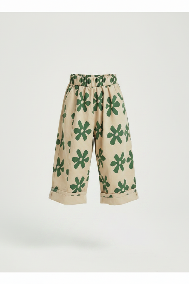 Pantalon Fluide Beige Imprimé Floral Ample Coton Enfant - vue 3