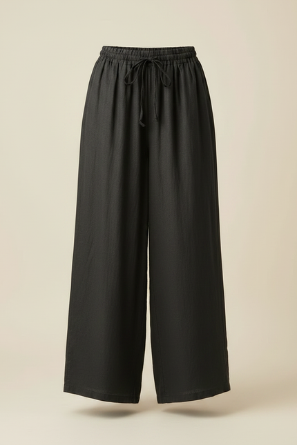 Pantalon Fluide Noir Ample Cordon Lin Décontracté - vue 3