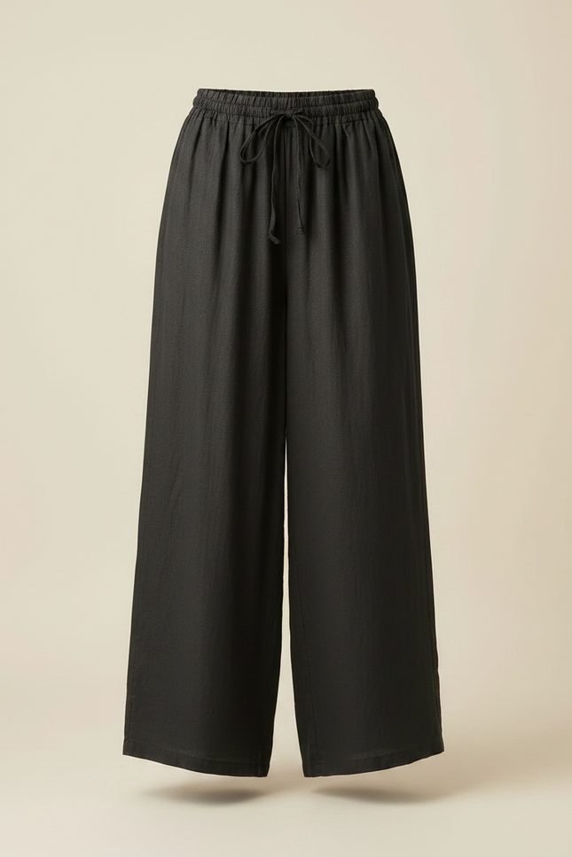 Pantalon Fluide Noir Ample Cordon Lin Décontracté - vue 3