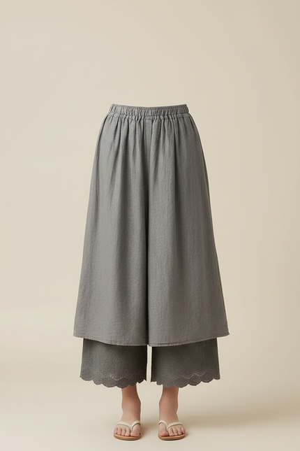Pantalon Fluide Gris Ample Superposé Brodé Fille - Lin - vue 3
