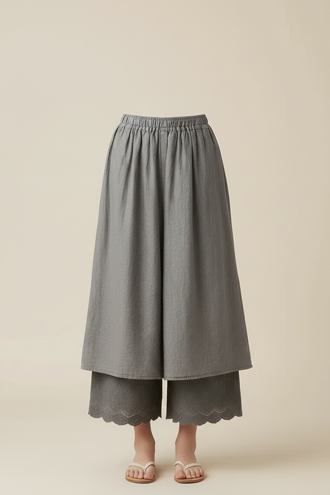Pantalon Fluide Gris Ample Superposé Brodé Fille - Lin - vue 3