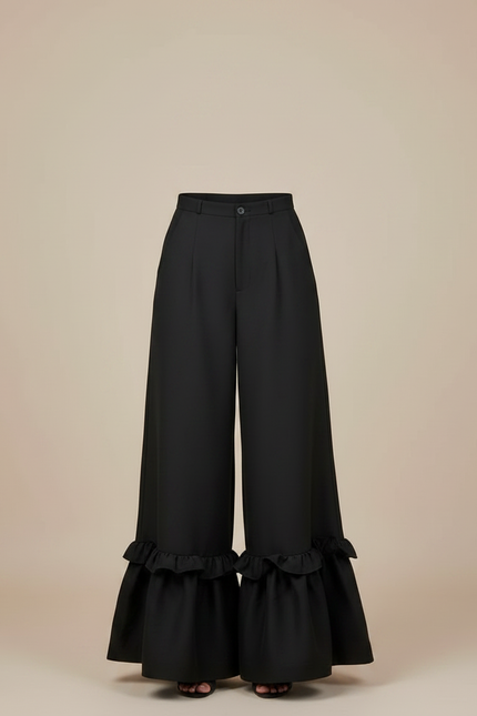 Pantalon Fluide Noir Ample Volants Plissés Élégant - Polyester - vue 3
