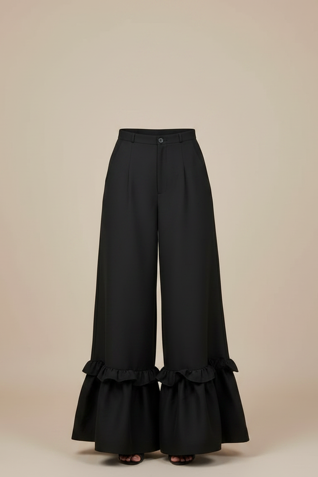 Pantalon Fluide Noir Ample Volants Plissés Élégant - Polyester - vue 3
