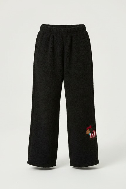 Pantalon Fluide Noir Ample Polaire Chien Brodé - Molleton - vue 3