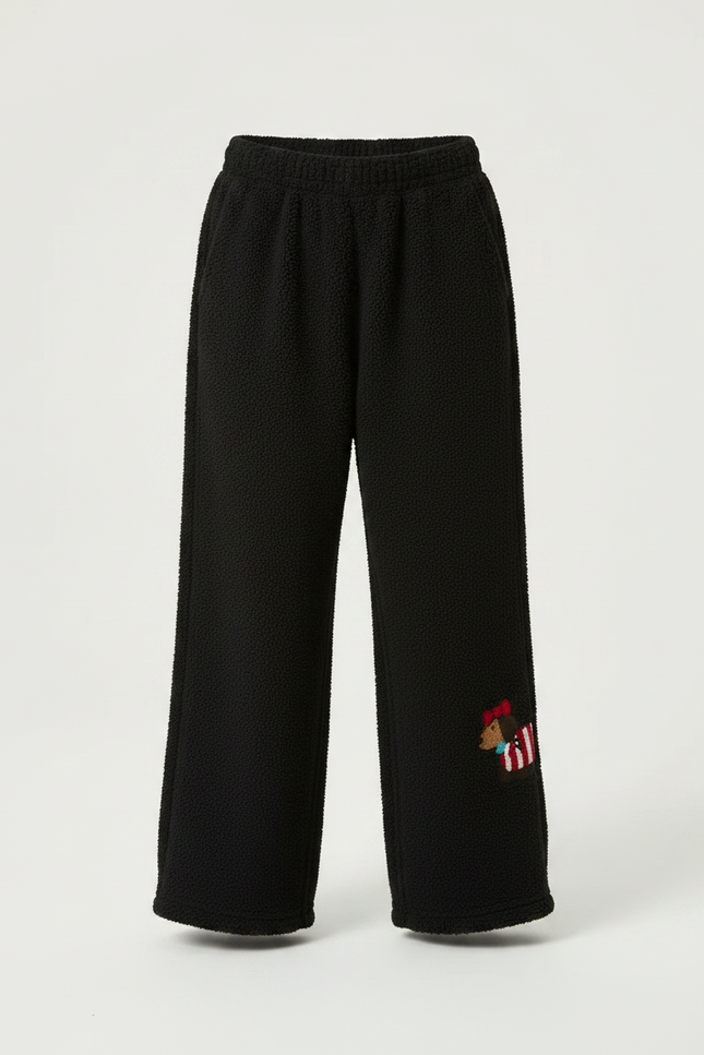 Pantalon Fluide Noir Ample Polaire Chien Brodé - Molleton - vue 3