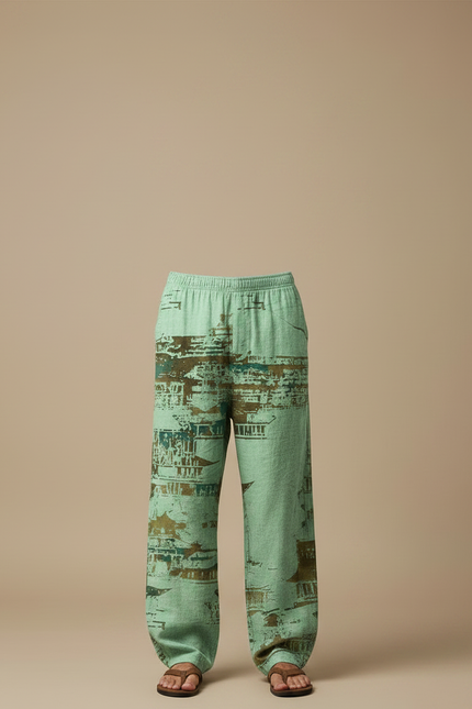 Pantalon Fluide Vert Ample Imprimé Asiatique Homme - Lin - vue 3