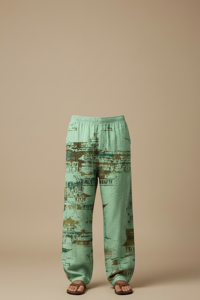 Pantalon Fluide Vert Ample Imprimé Asiatique Homme - Lin - vue 3