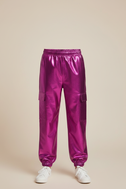 Pantalon Fluide Métallique Brillant Cargo Garçon Fille - Rose Polyester - vue 3