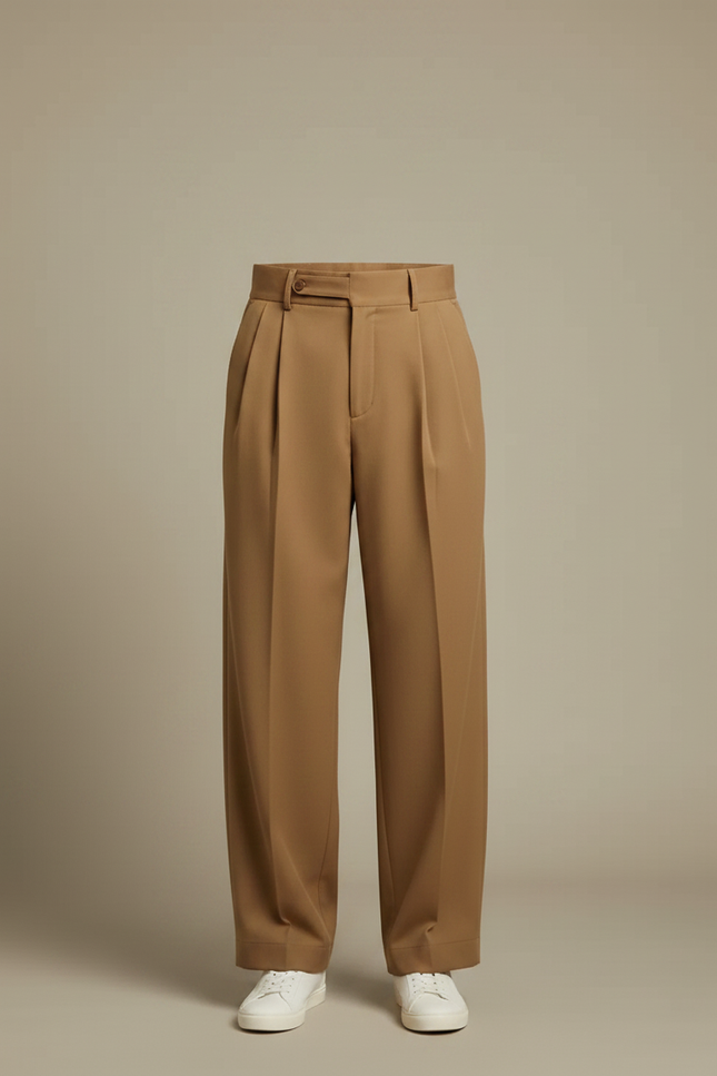 Pantalon Fluide Homme Plissé Ample Marron Élégant - Gabardine - vue 3