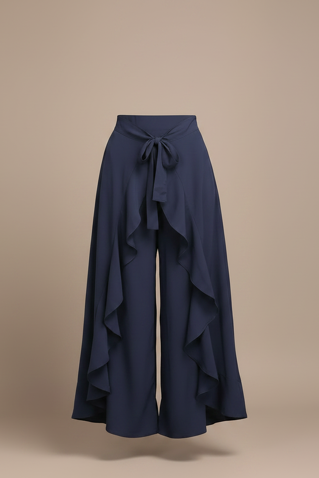 Pantalon Fluide Bleu Marine Volants Ample Élégant - Polyester - vue 3