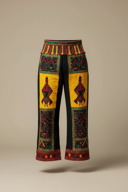 Pantalon Fluide Noir Ample Motifs Ethniques Jaunes - Multicolore Coton - vue 3