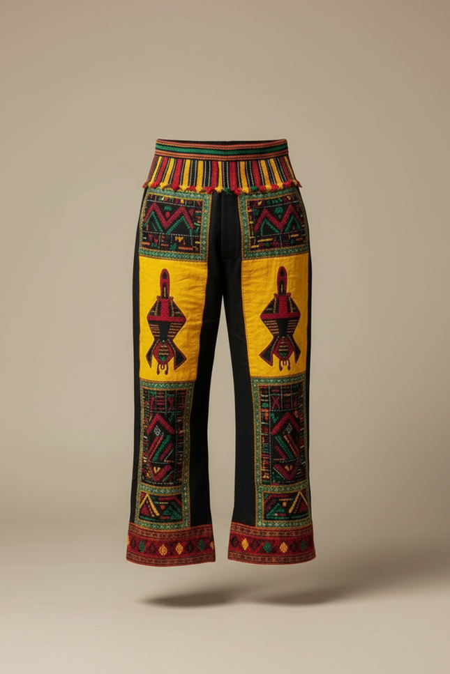 Pantalon Fluide Noir Ample Motifs Ethniques Jaunes - Multicolore Coton - vue 3