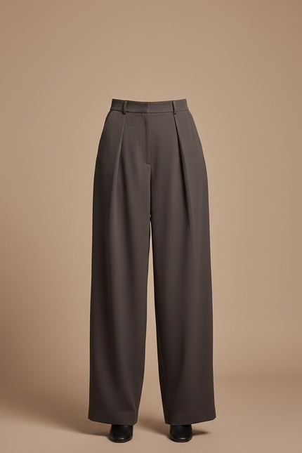 Pantalon Fluide Évasé Plissé Taille Haute Gris Élégant - Gabardine - vue 3