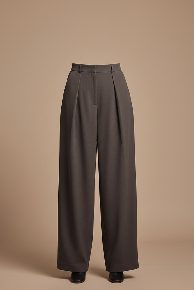 Pantalon Fluide Évasé Plissé Taille Haute Gris Élégant - Gabardine - vue 3