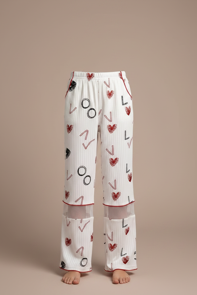Pantalon Fluide Blanc Imprimé Cœur Ample Maille - vue 3