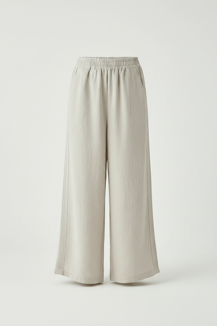 Pantalon Fluide Beige Large Taille Élastique Femme - Lin - vue 3