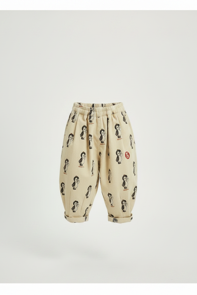 Pantalon Fluide Beige Coton Ample Motif Pingouin Enfant - vue 3