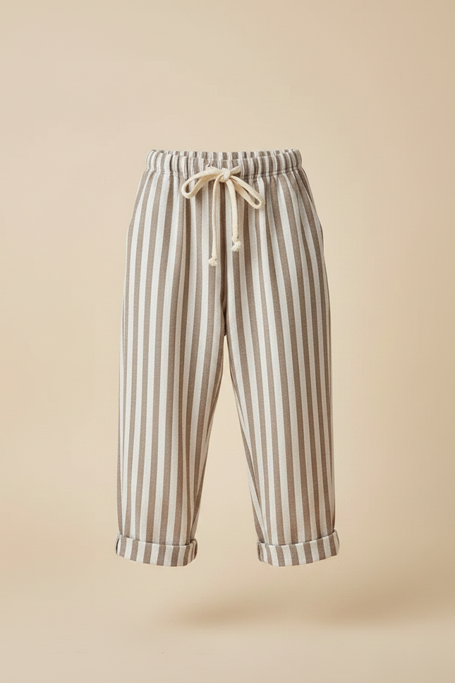 Pantalon Fluide Rayé Marron Blanc Ample Coton - Multicolore - vue 3