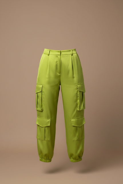 Pantalon Fluide Vert Citron Satiné Cargo Femme - vue 3