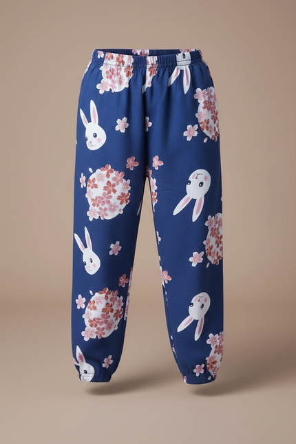 Pantalon Fluide Bleu Lapins Fleurs Ample Enfant - Viscose - vue 3