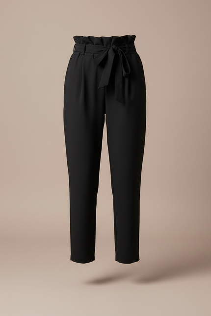 Pantalon Fluide Noir Taille Haute Ceinture Nœud Élégant - Polyester - vue 3