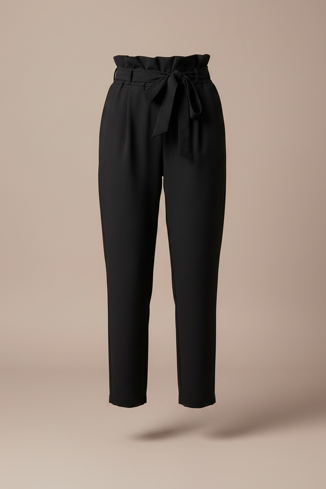Pantalon Fluide Noir Taille Haute Ceinture Nœud Élégant - Polyester - vue 3
