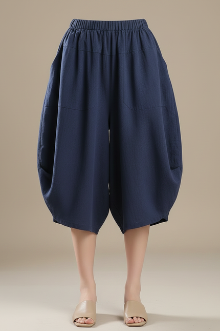 Pantalon Fluide Bleu Coton Ample Taille Haute - Marine Lin - vue 3