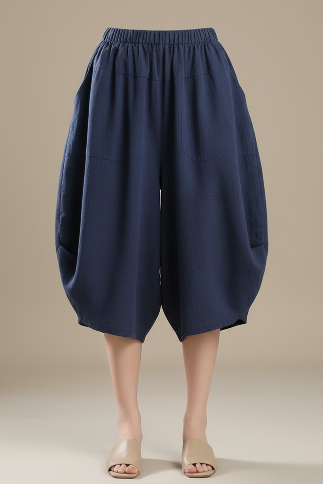 Pantalon Fluide Bleu Coton Ample Taille Haute - Marine Lin - vue 3