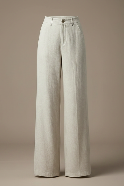 Pantalon Fluide Écru Lin Ample Taille Haute Femme - Beige - vue 3