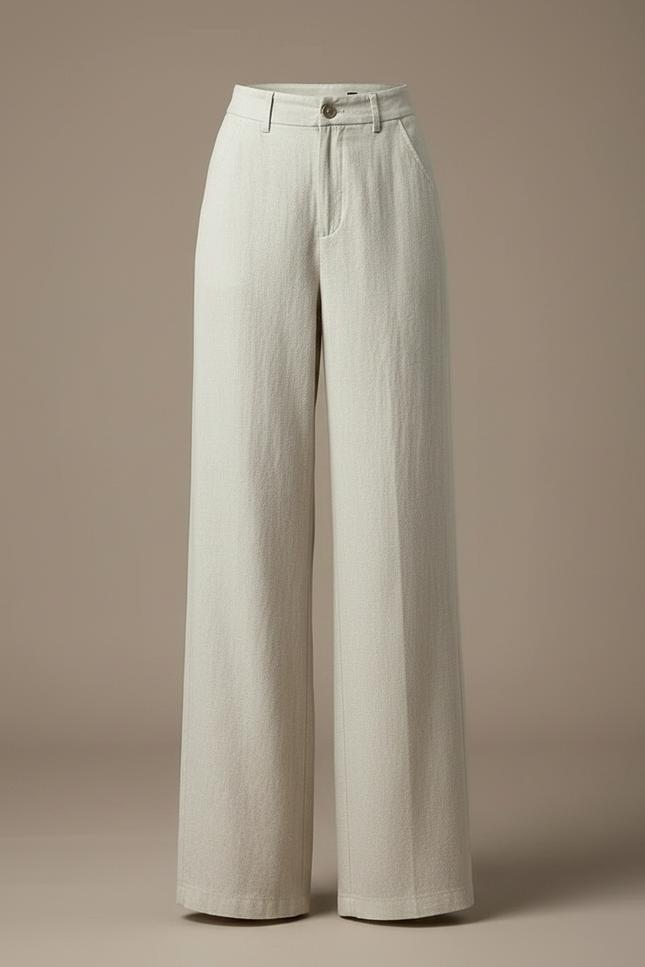 Pantalon Fluide Écru Lin Ample Taille Haute Femme - Beige - vue 3