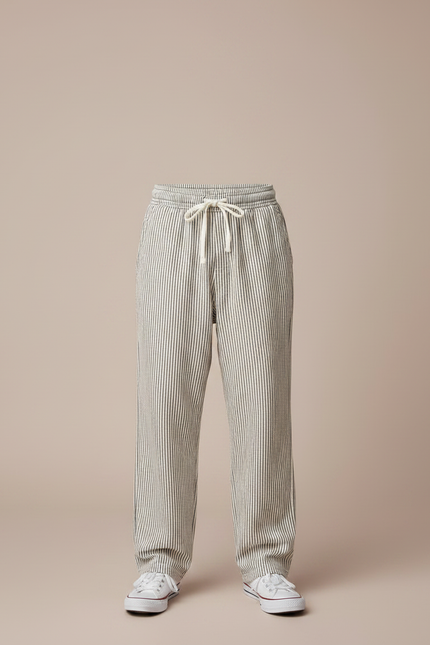 Pantalon Fluide Rayé Coton Décontracté Ample Garçon - Beige - vue 3