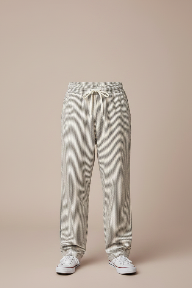 Pantalon Fluide Rayé Coton Décontracté Ample Garçon - Beige - vue 3