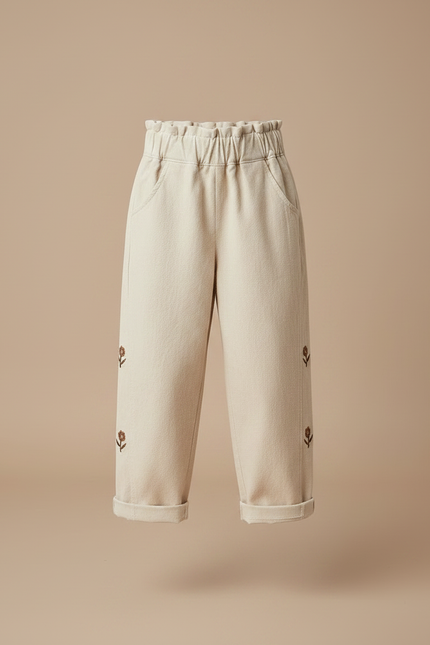 Pantalon Fluide Beige Coton Ample Brodé Fille - vue 3