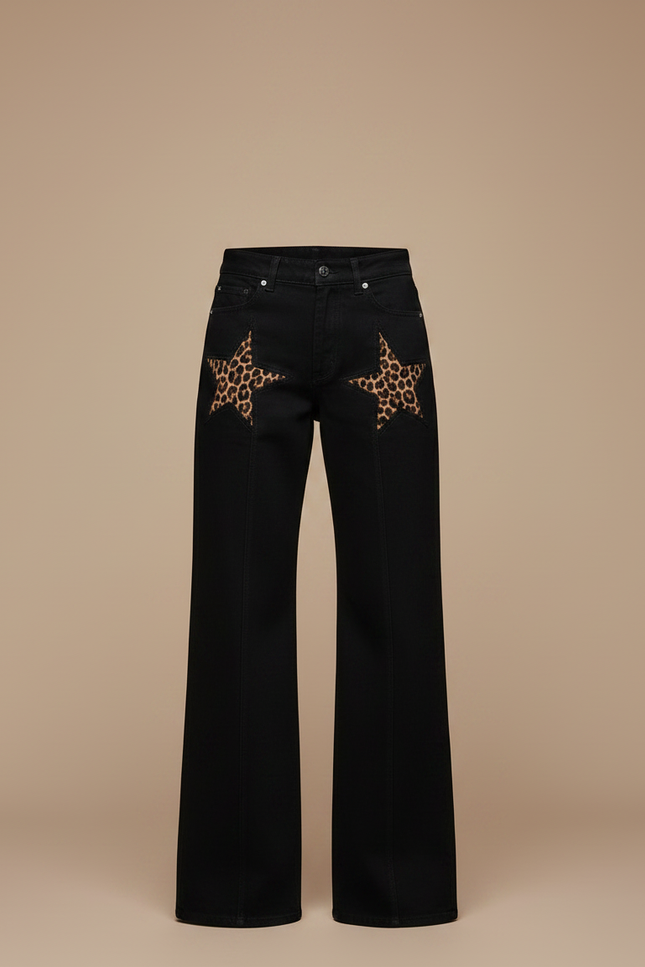 Pantalon Fluide Noir Étoiles Léopard Ample Décontracté Femme - Jean - vue 3
