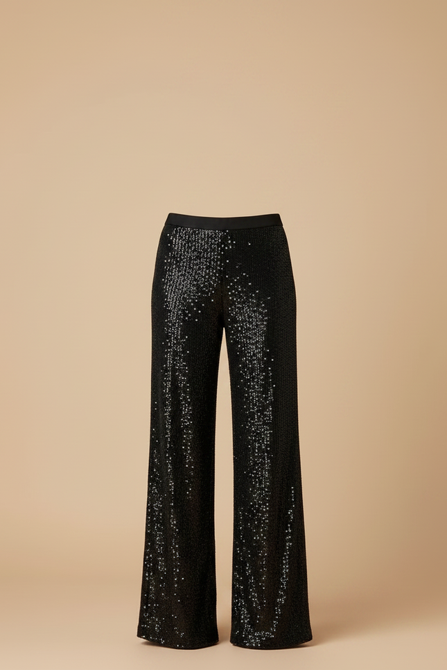 Pantalon Fluide Noir Paillettes Ample Long Élégant - Polyester - vue 3