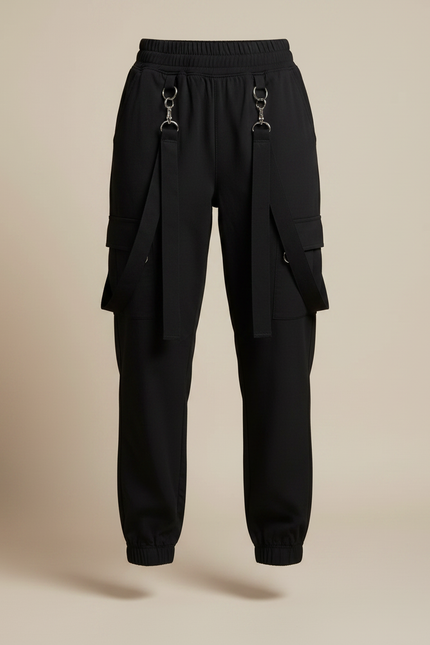 Pantalon Fluide Noir Cargo Bretelles Décontracté Streetwear - Gabardine - vue 3