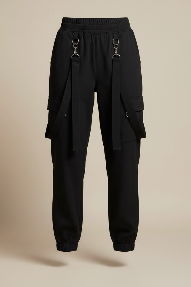Pantalon Fluide Noir Cargo Bretelles Décontracté Streetwear - Gabardine - vue 3