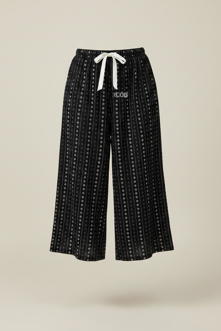 Pantalon Fluide Noir Imprimé Ethnique Ample Cordon - Viscose - vue 3