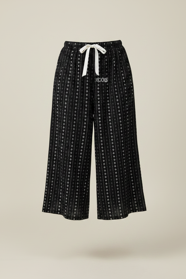 Pantalon Fluide Noir Imprimé Ethnique Ample Cordon - Viscose - vue 3